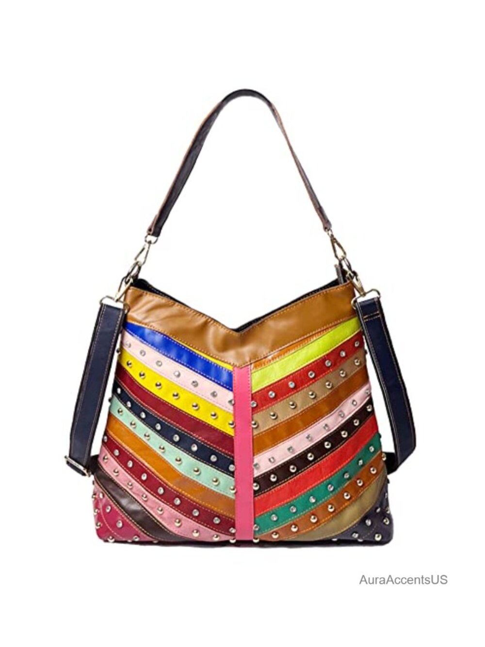 Genuine Cow Leather Satchel Handbag Snake Pattern Rivets Shoulder Bag